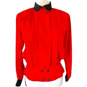 Vintage‎ Chaus Red 80s Blouse Black Collar Shoulder Pads Career Workwear